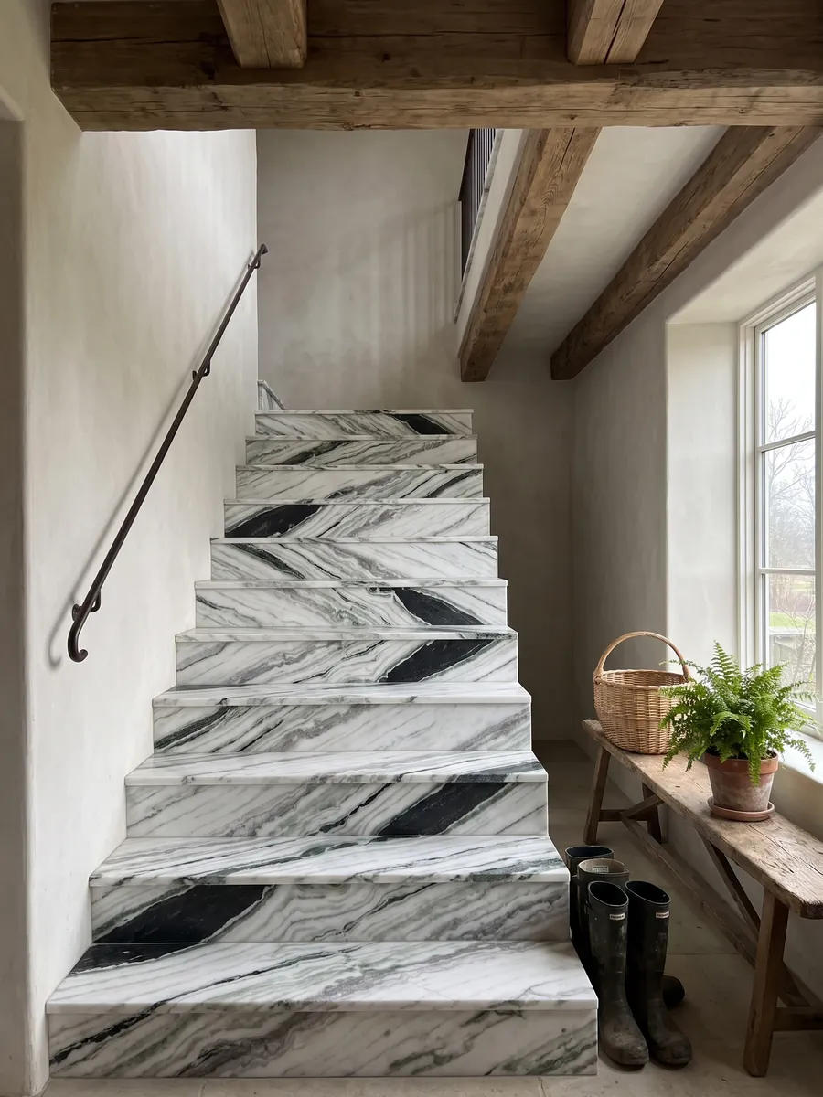 Escalera interior con peldaños de mármol blanco Panda White con pasamanos: blanco con bandas negras diagonales gruesas y toques verdes