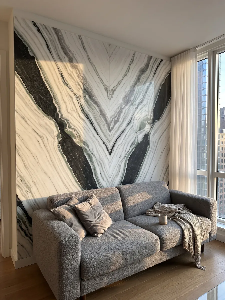Pared de sala revestida con placas de mármol blanco Panda White abiertas en libro detrás de un sofá: blanco con bandas negras diagonales gruesas y toques verdes