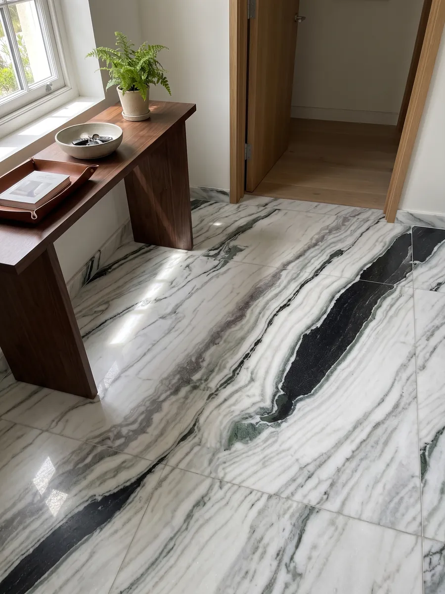Piso de recibidor en placas grandes de mármol blanco Panda White con luz natural: blanco con bandas negras diagonales gruesas y toques verdes