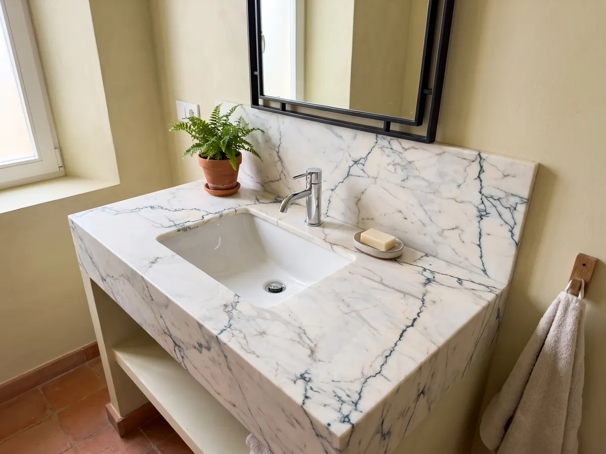 Cubierta de lavabo y pared de baño en mármol blanco Paonazzo con lavamanos blanco y grifería cromada: blanco cálido con vetas finas verde azulado oscuro que parecen grietas