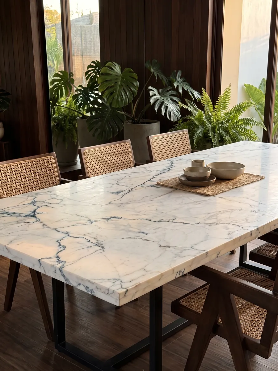 Mesa de comedor con cubierta de mármol blanco Paonazzo sobre base de acero: blanco cálido con vetas finas verde azulado oscuro que parecen grietas