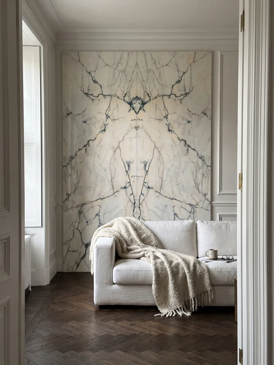 Pared de sala revestida con placas de mármol blanco Paonazzo abiertas en libro detrás de un sofá: blanco cálido con vetas finas verde azulado oscuro que parecen grietas