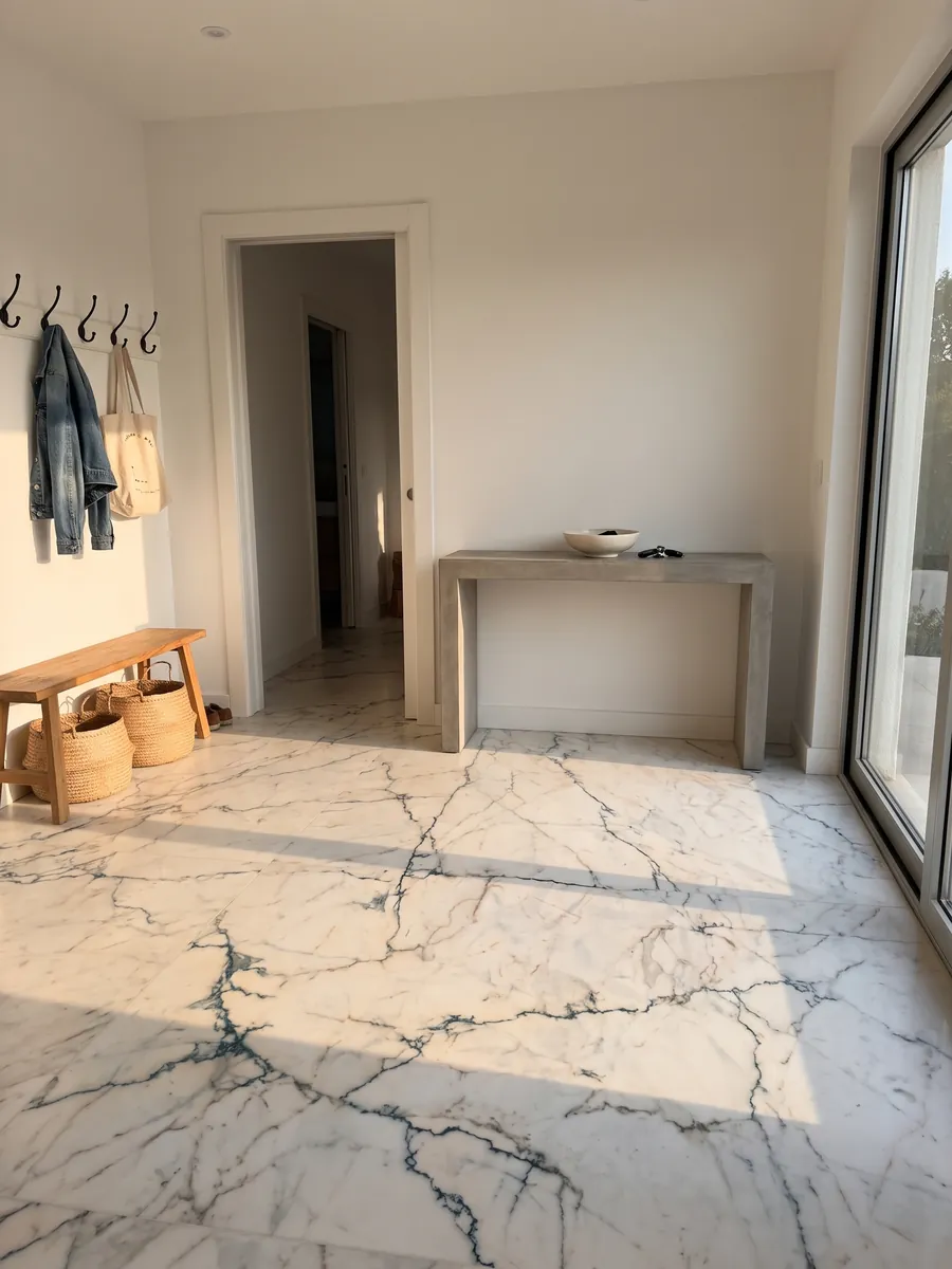 Piso de recibidor en placas grandes de mármol blanco Paonazzo con luz natural: blanco cálido con vetas finas verde azulado oscuro que parecen grietas