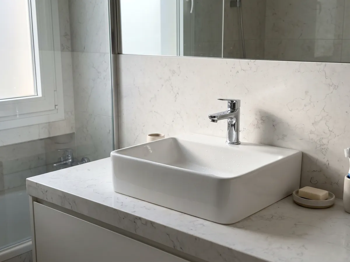 Cubierta de lavabo y pared de baño en mármol blanco Pearl White con lavamanos blanco y grifería cromada: blanco casi liso con trazos grises muy tenues