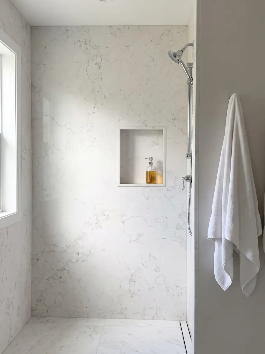Ducha revestida con placas enteras de mármol blanco Pearl White con nicho empotrado: blanco casi liso con trazos grises muy tenues