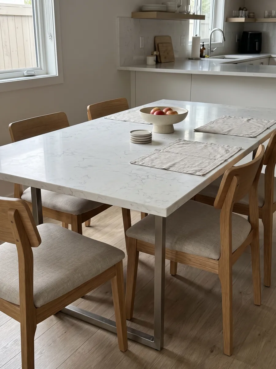 Mesa de comedor con cubierta de mármol blanco Pearl White sobre base de acero: blanco casi liso con trazos grises muy tenues