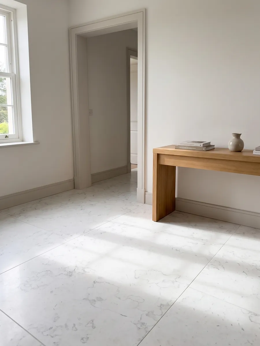 Piso de recibidor en placas grandes de mármol blanco Pearl White con luz natural: blanco casi liso con trazos grises muy tenues