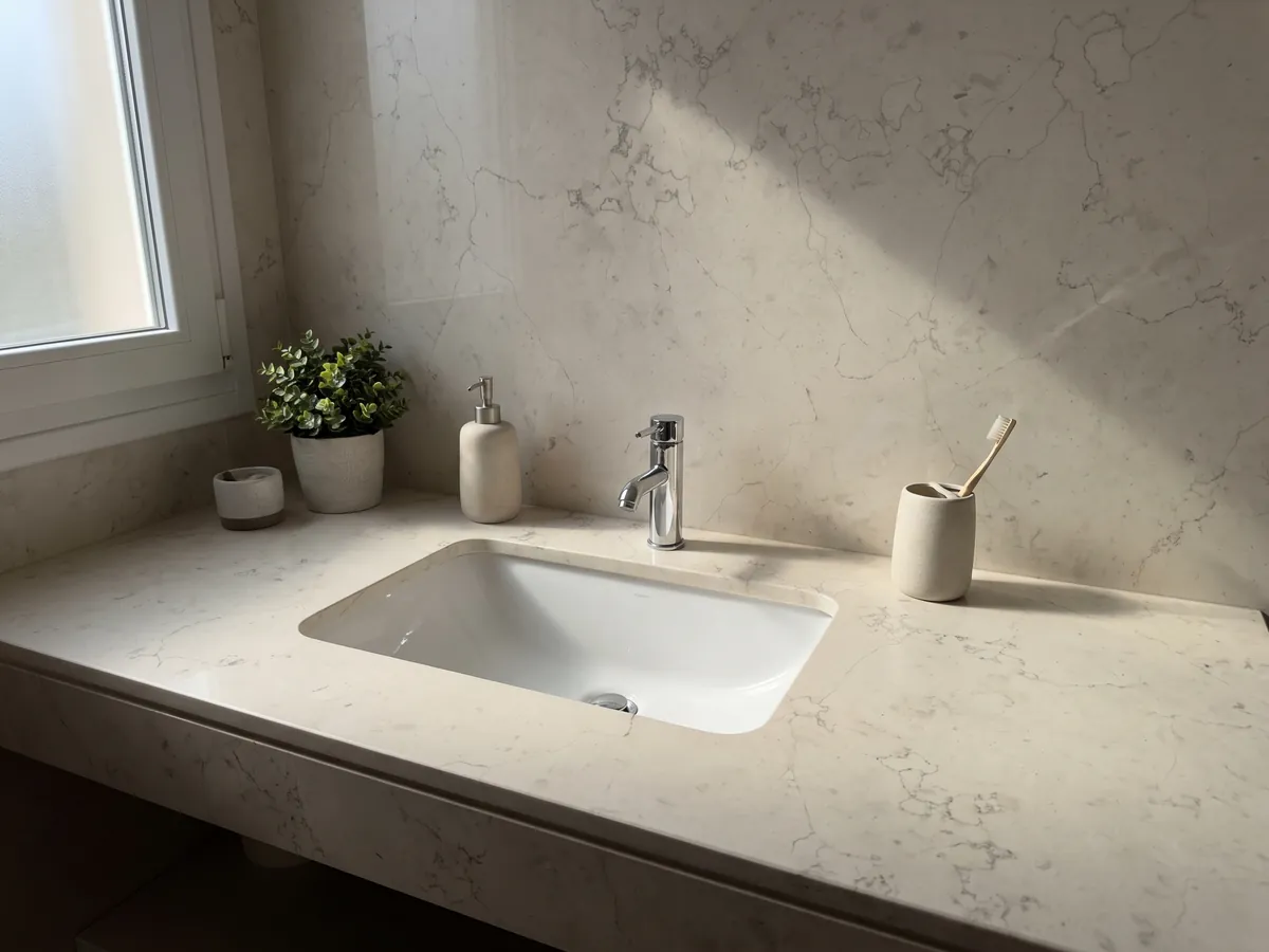 Cubierta de lavabo y pared de baño en Mármol Blanco Perlino con lavamanos blanco y grifería cromada: marfil liso con vetas grises muy finas tipo hilo dispersas