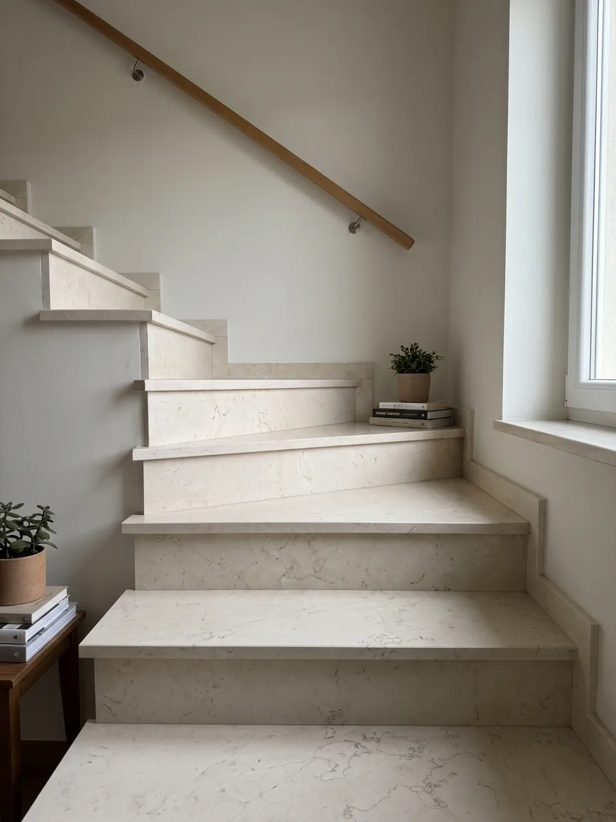 Escalera interior con peldaños de Mármol Blanco Perlino con pasamanos: marfil liso con vetas grises muy finas tipo hilo dispersas