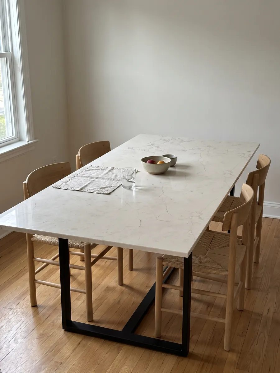 Mesa de comedor con cubierta de Mármol Blanco Perlino sobre base de acero: marfil liso con vetas grises muy finas tipo hilo dispersas