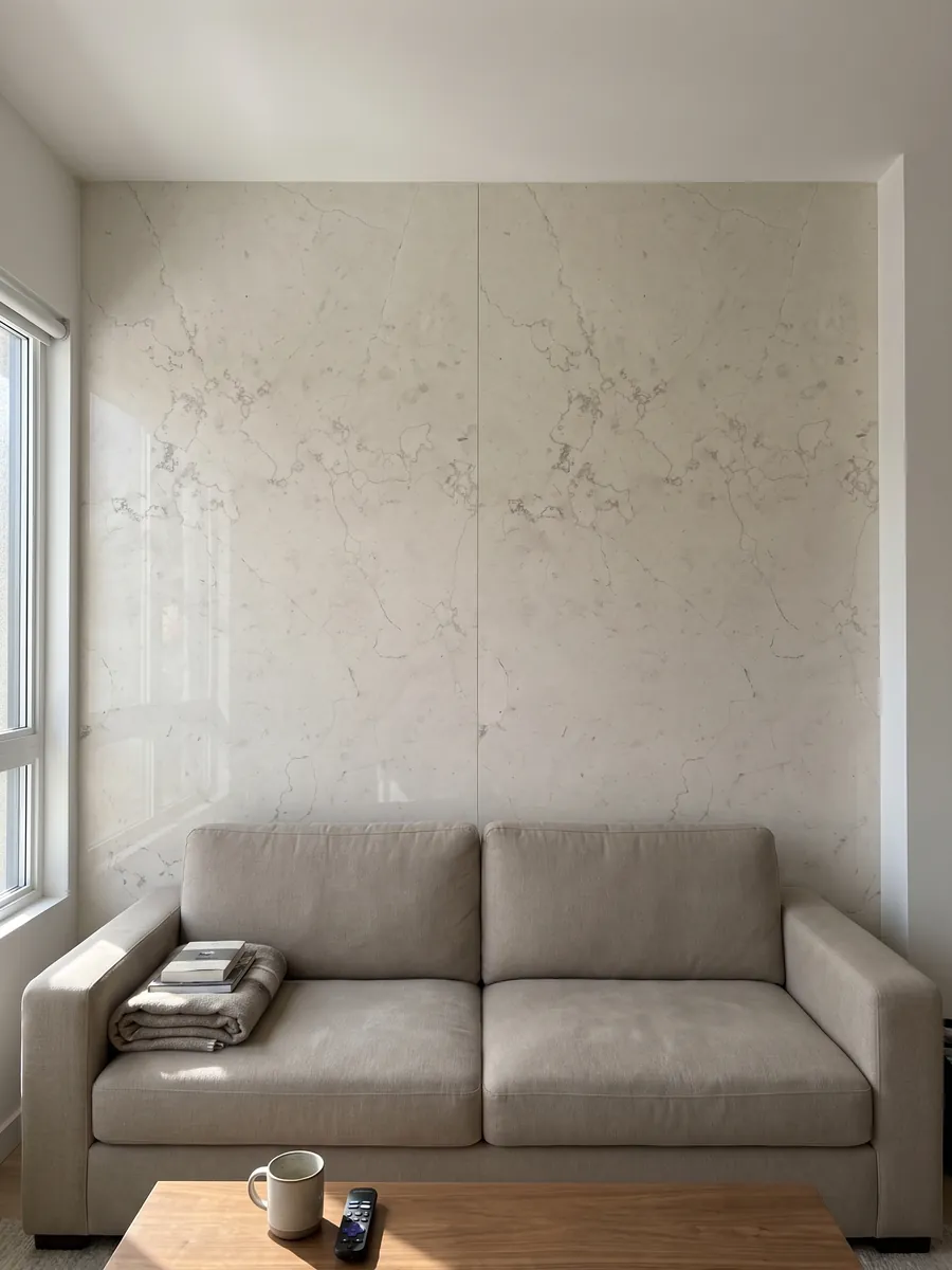 Pared de sala revestida con placas de Mármol Blanco Perlino abiertas en libro detrás de un sofá: marfil liso con vetas grises muy finas tipo hilo dispersas