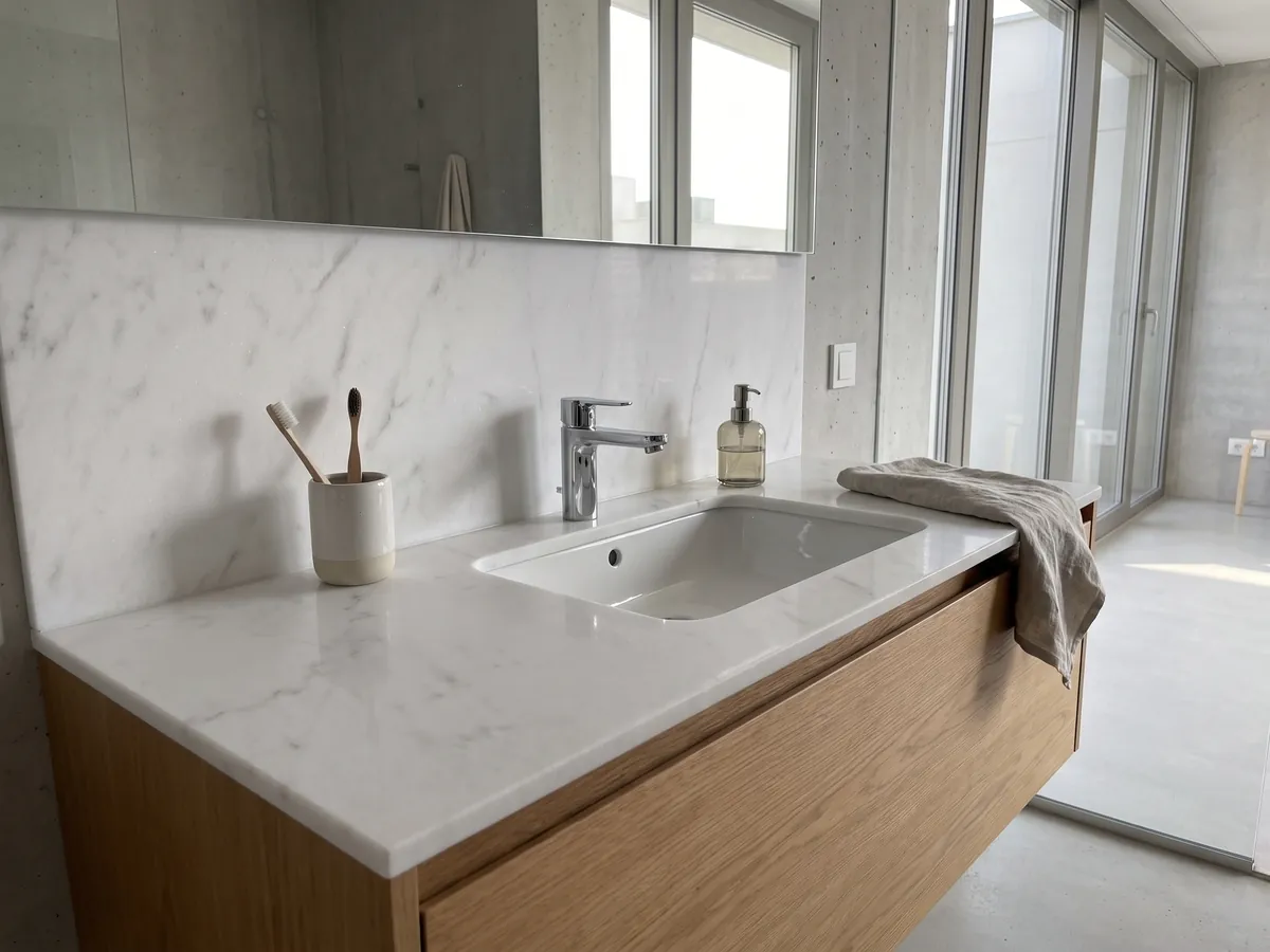 Cubierta de lavabo y pared de baño en Mármol Blanco Polar con lavamanos blanco y grifería cromada: blanco luminoso con vetas grises finas