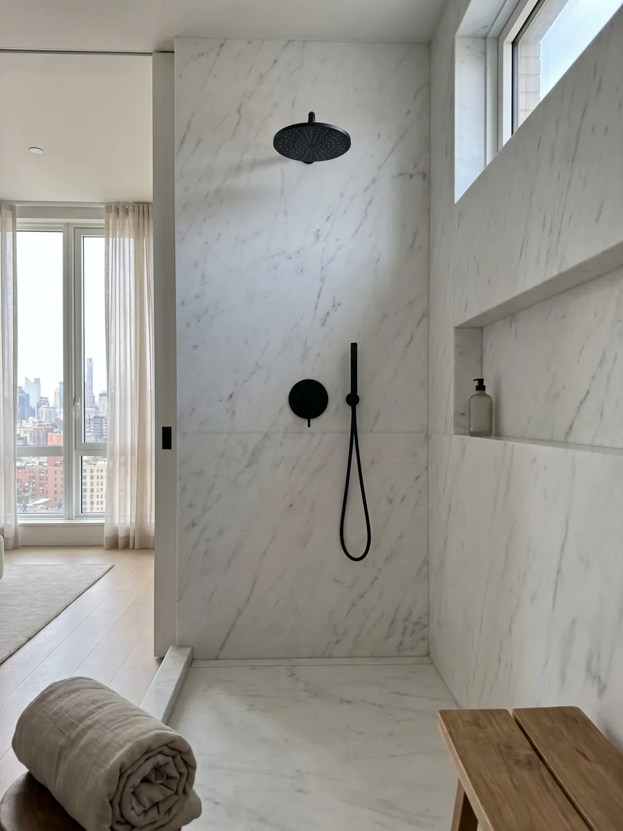 Ducha revestida con placas enteras de Mármol Blanco Polar con nicho empotrado: blanco luminoso con vetas grises finas