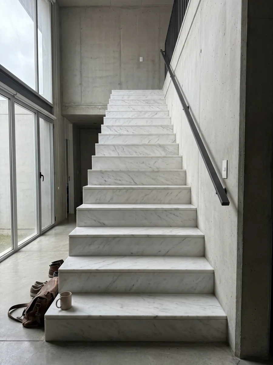Escalera interior con peldaños de Mármol Blanco Polar con pasamanos: blanco luminoso con vetas grises finas