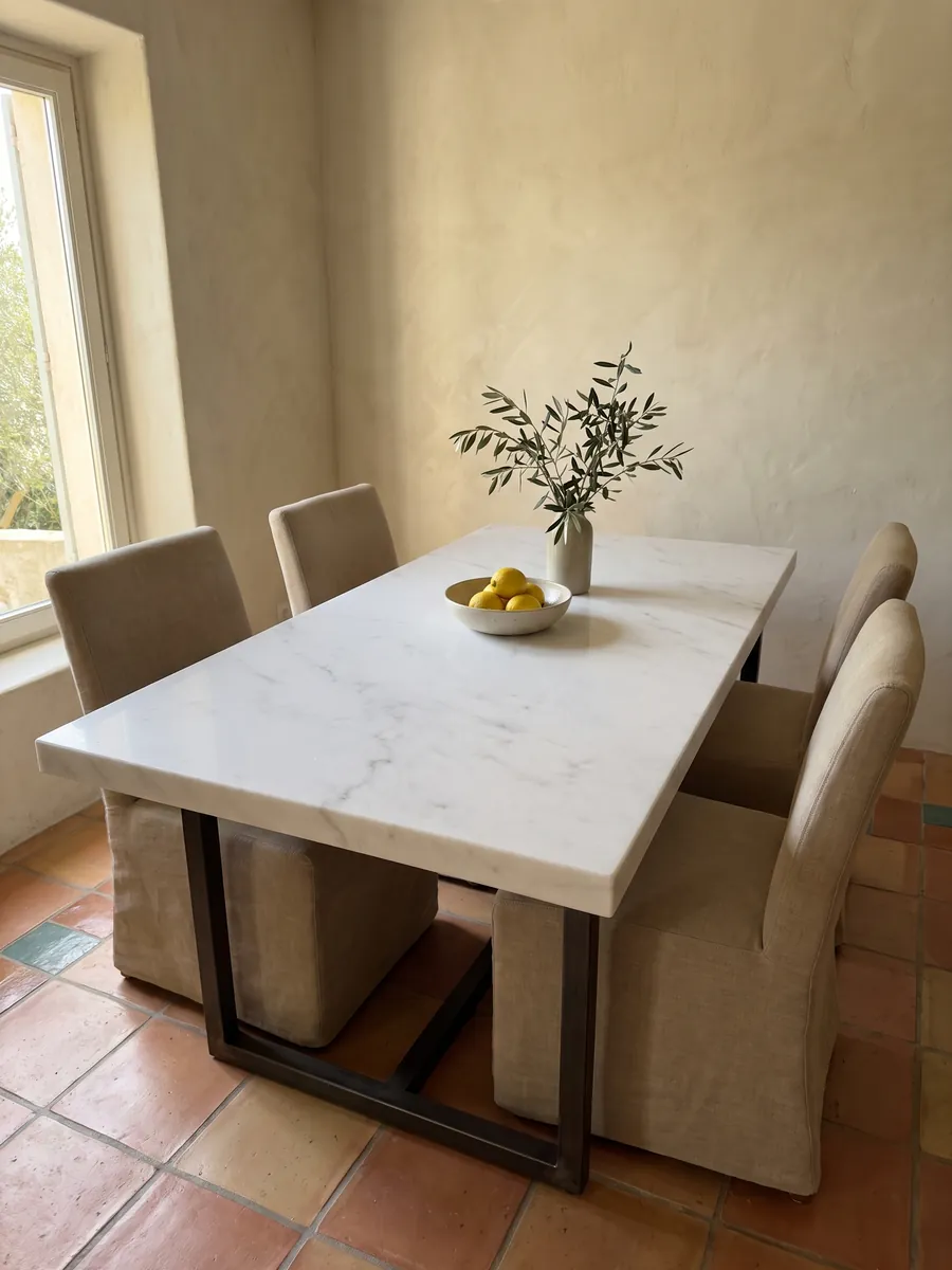 Mesa de comedor con cubierta de Mármol Blanco Polar sobre base de acero: blanco luminoso con vetas grises finas