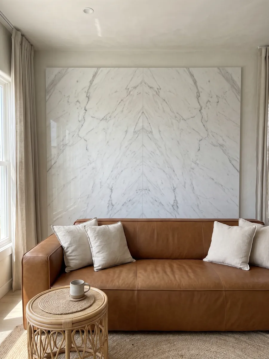 Pared de sala revestida con placas de Mármol Blanco Polar abiertas en libro detrás de un sofá: blanco luminoso con vetas grises finas
