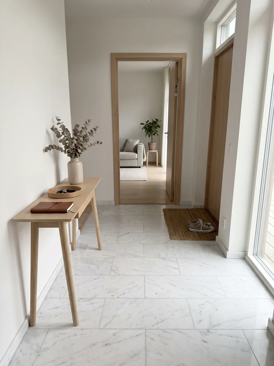 Piso de recibidor en placas grandes de Mármol Blanco Polar con luz natural: blanco luminoso con vetas grises finas