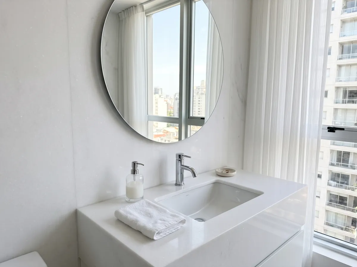 Cubierta de lavabo y pared de baño en mármol blanco Pure White con lavamanos blanco y grifería cromada: blanco puro uniforme, sin vetas ni manchas visibles