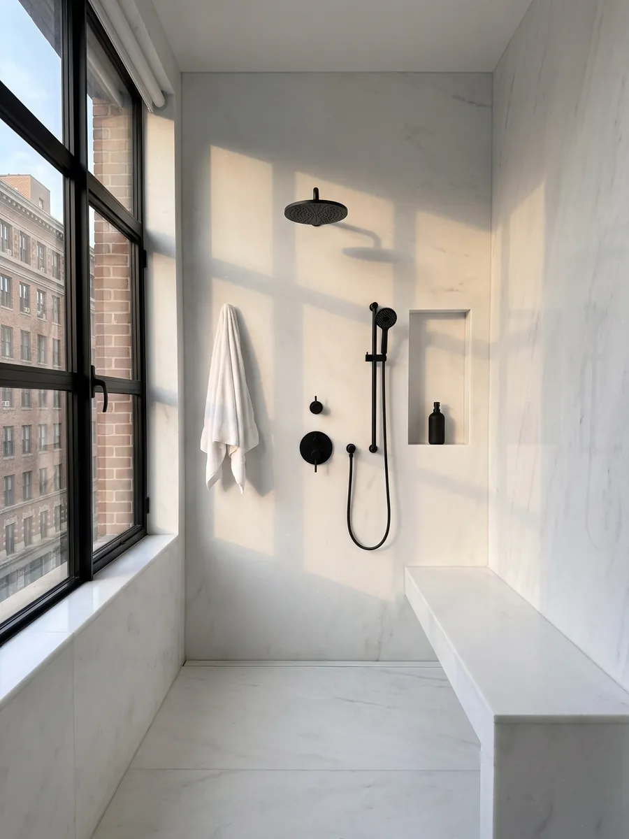 Ducha revestida con placas enteras de mármol blanco Pure White con nicho empotrado: blanco puro uniforme, sin vetas ni manchas visibles