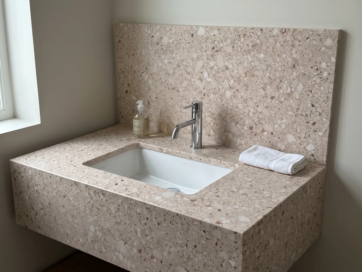 Cubierta de lavabo y pared de baño en Mármol Blanco Romano con lavamanos blanco y grifería cromada: beige rosado salpicado de pequeños clastos redondeados blancos y marrones