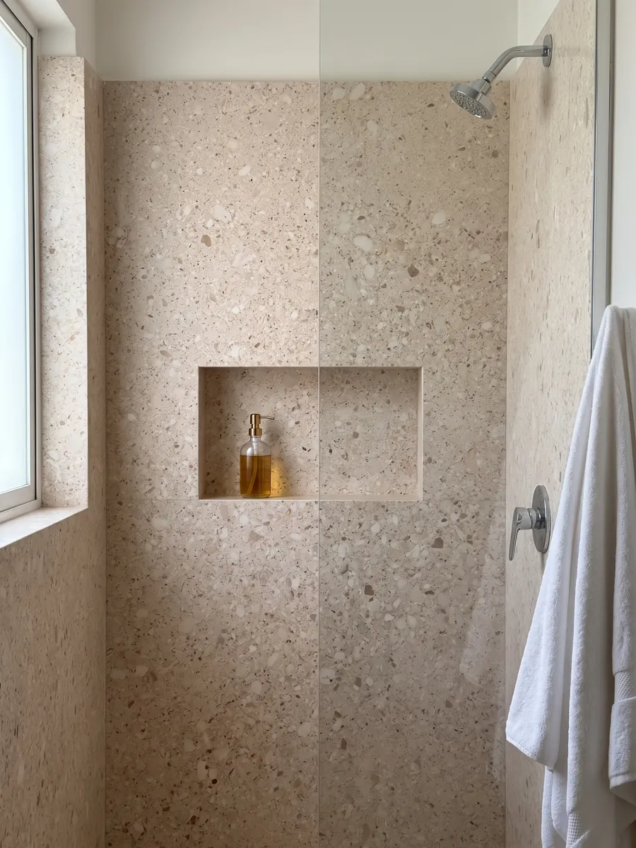 Ducha revestida con placas enteras de Mármol Blanco Romano con nicho empotrado: beige rosado salpicado de pequeños clastos redondeados blancos y marrones