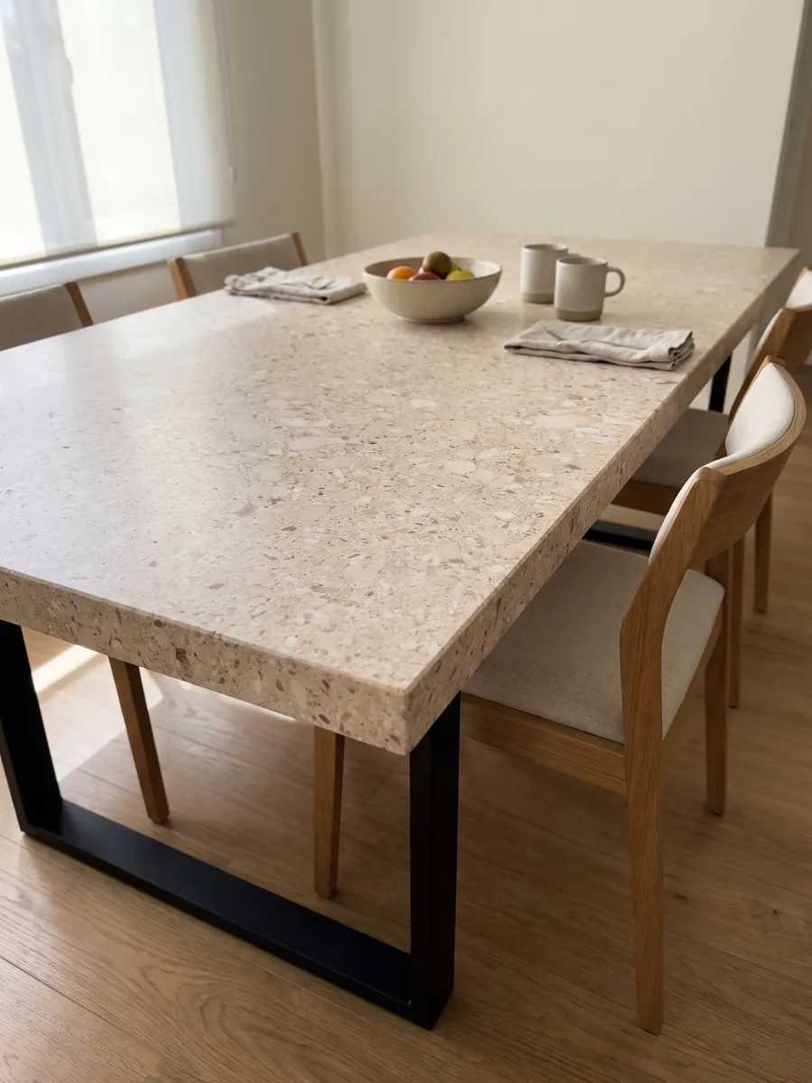 Mesa de comedor con cubierta de Mármol Blanco Romano sobre base de acero: beige rosado salpicado de pequeños clastos redondeados blancos y marrones