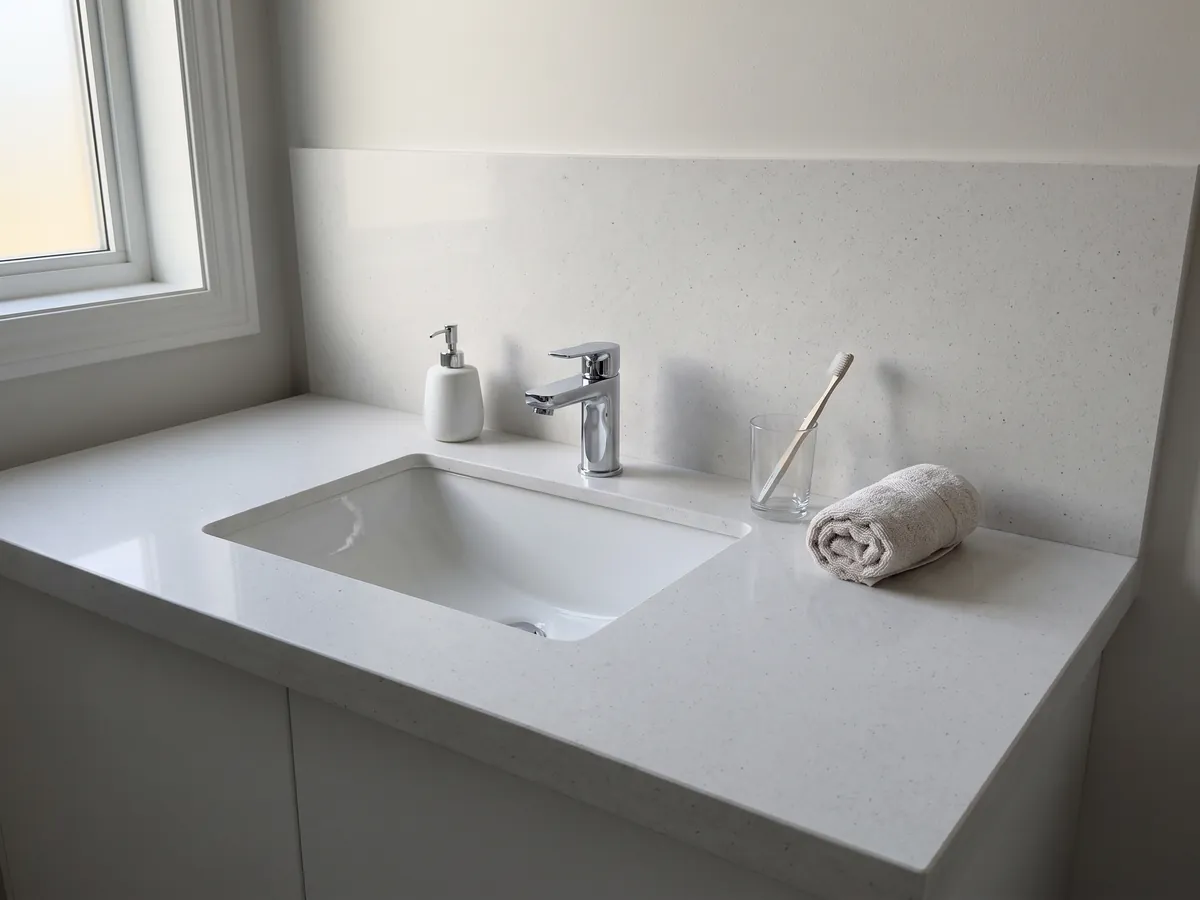Cubierta de lavabo y pared de baño en Mármol Blanco Siberia con lavamanos blanco y grifería cromada: blanco grisáceo liso con pequeños puntos oscuros dispersos