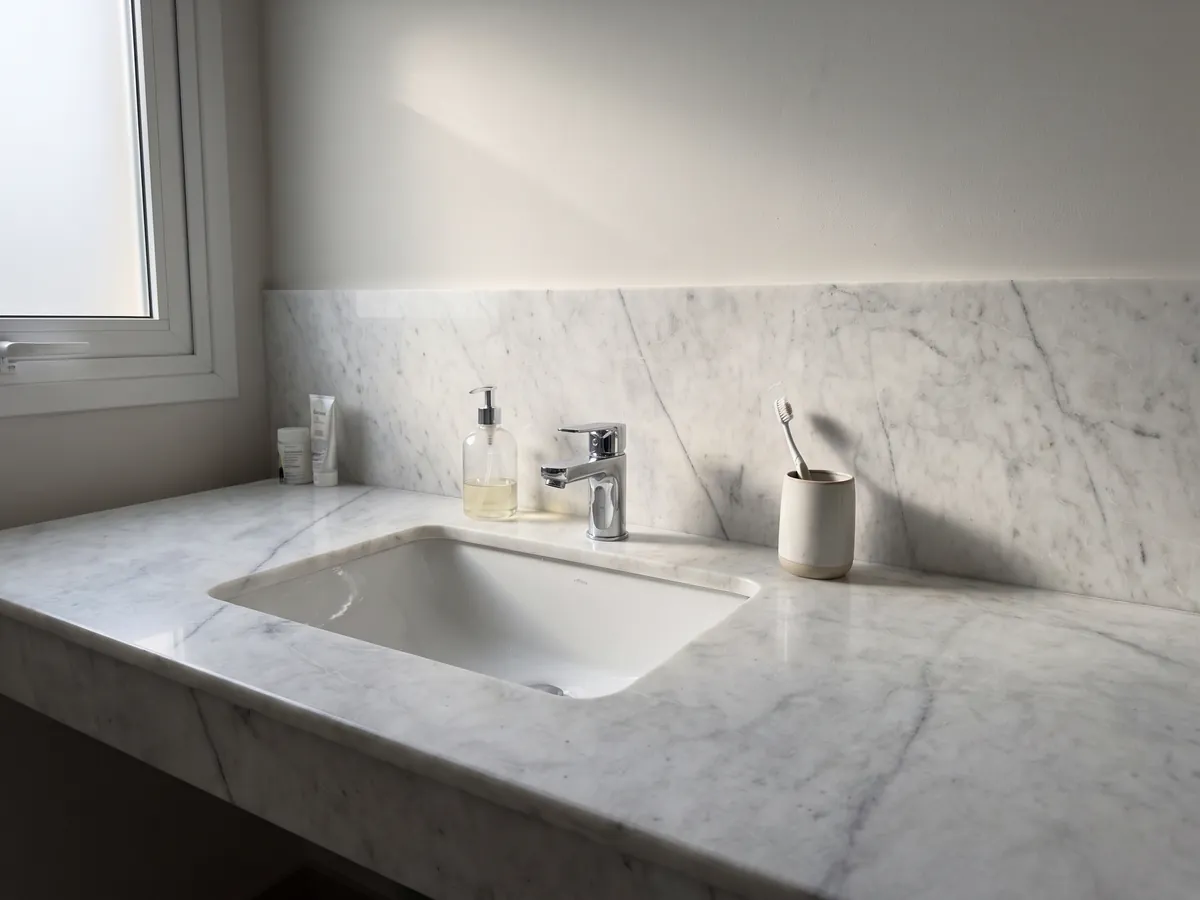 Cubierta de lavabo y pared de baño en mármol blanco Silver Glace con lavamanos blanco y grifería cromada: blanco limpio con pocas vetas grises finas en diagonal