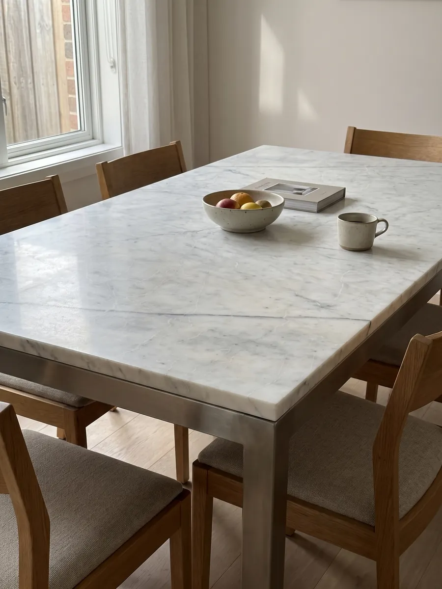 Mesa de comedor con cubierta de mármol blanco Silver Glace sobre base de acero: blanco limpio con pocas vetas grises finas en diagonal