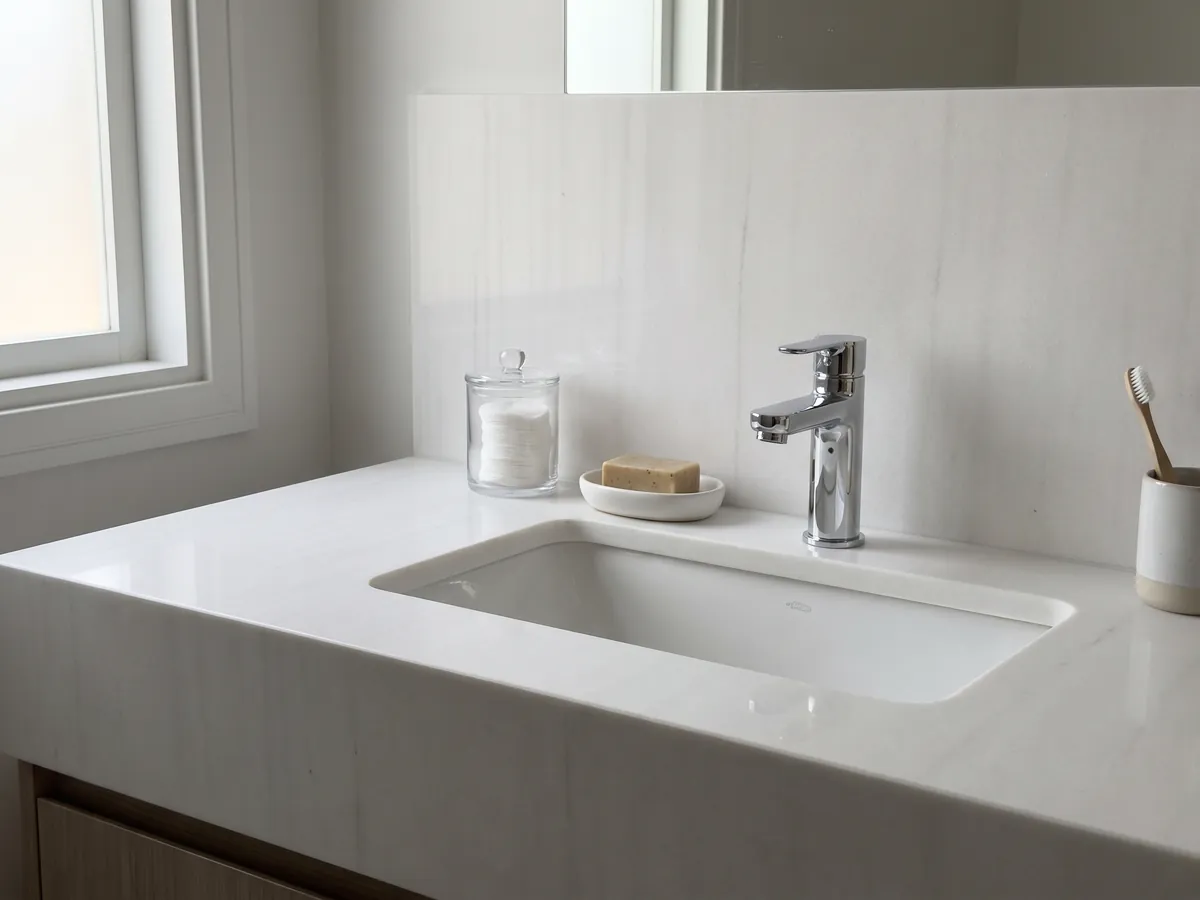 Cubierta de lavabo y pared de baño en Mármol Blanco Sivec con lavamanos blanco y grifería cromada: blanco muy puro y homogéneo, prácticamente sin dibujo