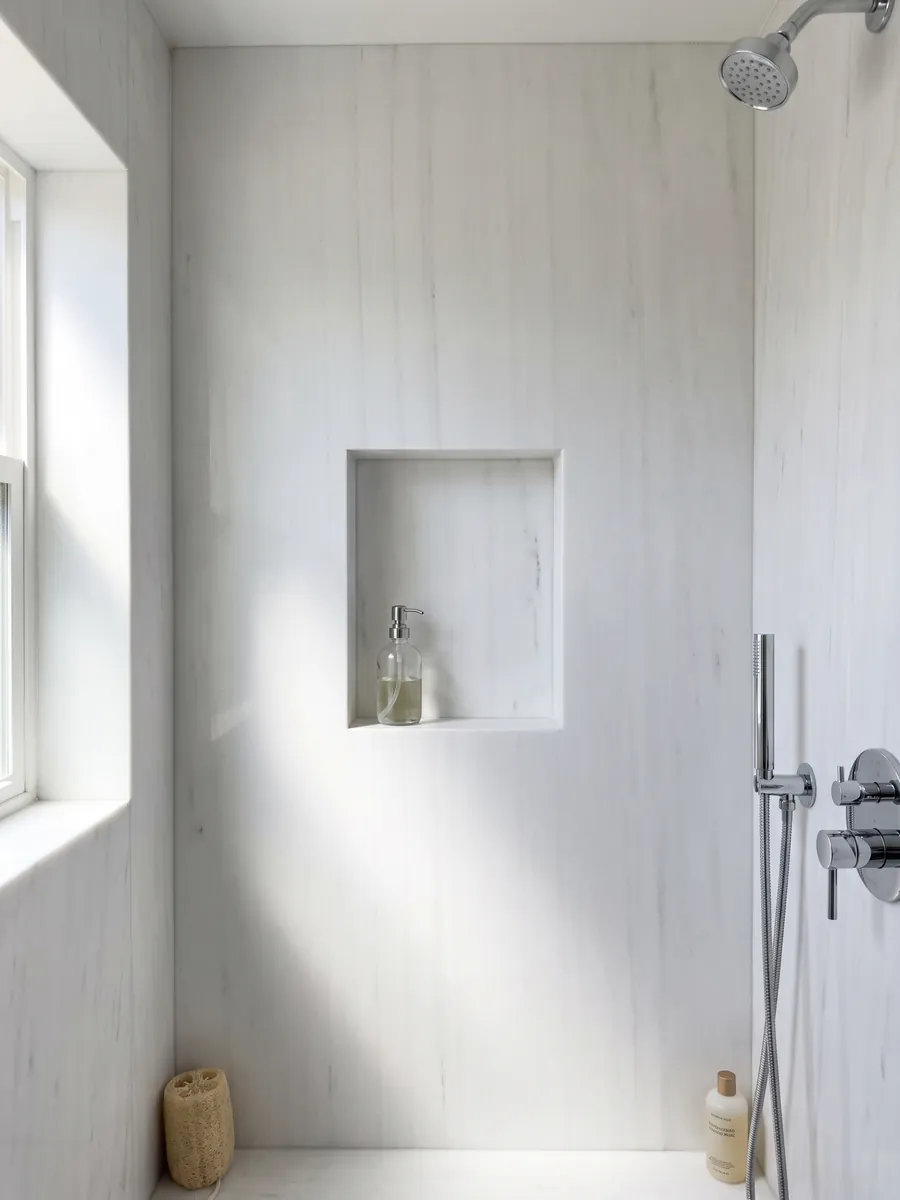 Ducha revestida con placas enteras de Mármol Blanco Sivec con nicho empotrado: blanco muy puro y homogéneo, prácticamente sin dibujo