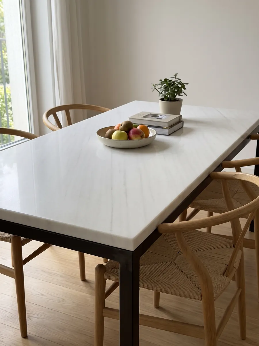 Mesa de comedor con cubierta de Mármol Blanco Sivec sobre base de acero: blanco muy puro y homogéneo, prácticamente sin dibujo