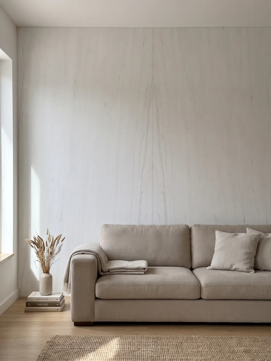 Pared de sala revestida con placas de Mármol Blanco Sivec abiertas en libro detrás de un sofá: blanco muy puro y homogéneo, prácticamente sin dibujo