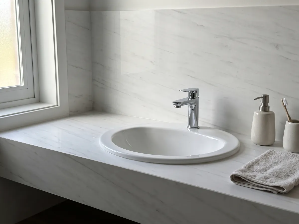 Cubierta de lavabo y pared de baño en mármol blanco Snow White con lavamanos blanco y grifería cromada: blanco muy limpio con trazos grises apenas perceptibles en diagonal
