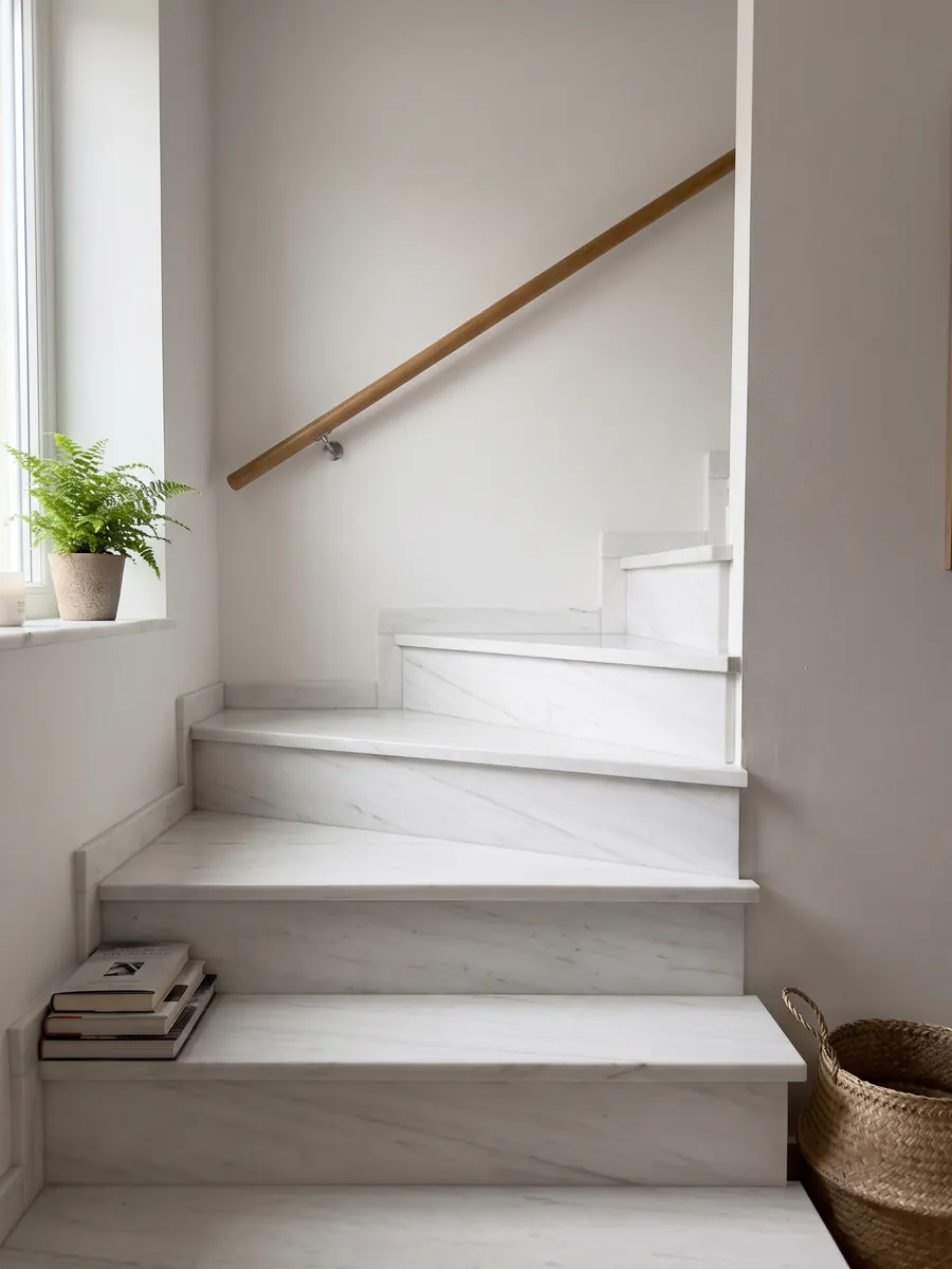Escalera interior con peldaños de mármol blanco Snow White con pasamanos: blanco muy limpio con trazos grises apenas perceptibles en diagonal