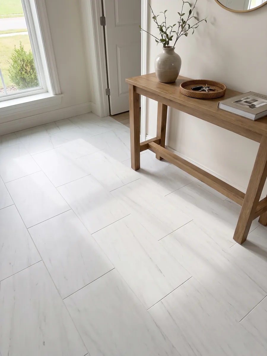 Piso de recibidor en placas grandes de mármol blanco Snow White con luz natural: blanco muy limpio con trazos grises apenas perceptibles en diagonal