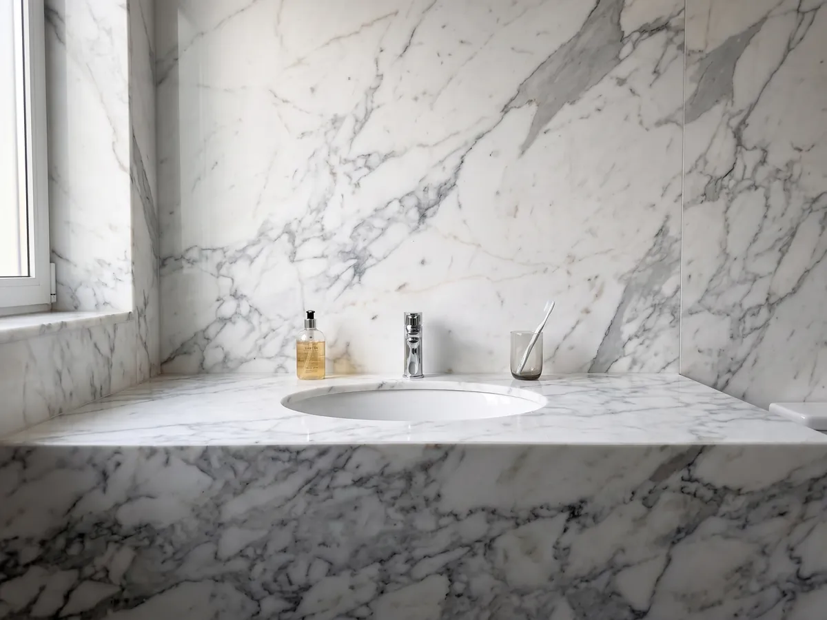 Cubierta de lavabo y pared de baño en Mármol Blanco Statuarietto con lavamanos blanco y grifería cromada: blanco con red de vetas grises en fragmentos, concentrada en la parte inferior