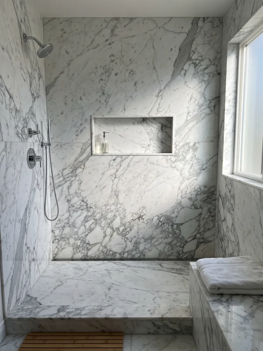 Ducha revestida con placas enteras de Mármol Blanco Statuarietto con nicho empotrado: blanco con red de vetas grises en fragmentos, concentrada en la parte inferior