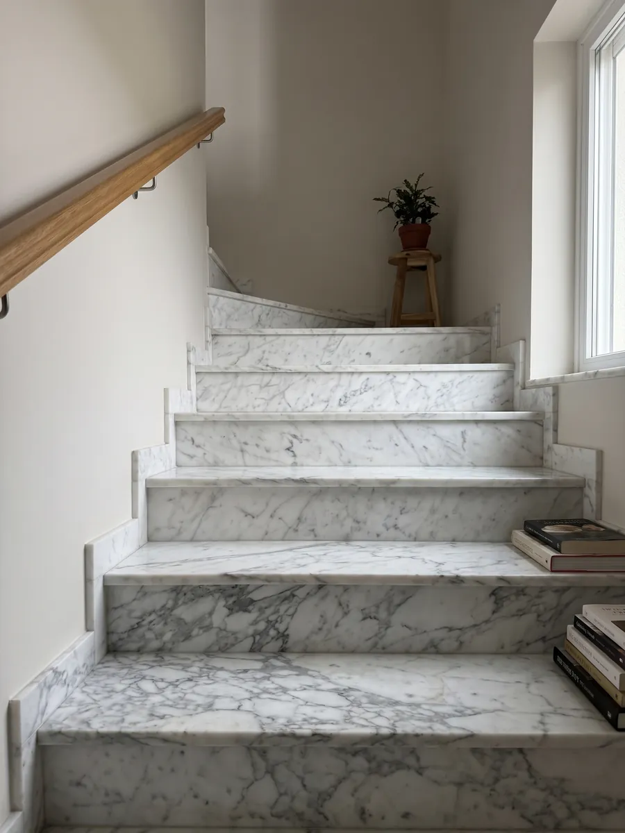 Escalera interior con peldaños de Mármol Blanco Statuarietto con pasamanos: blanco con red de vetas grises en fragmentos, concentrada en la parte inferior