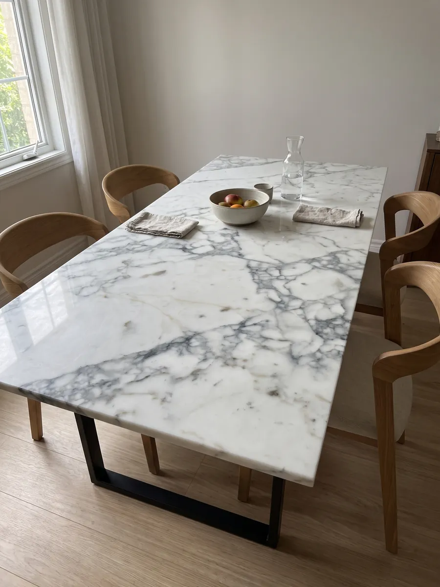 Mesa de comedor con cubierta de Mármol Blanco Statuarietto sobre base de acero: blanco con red de vetas grises en fragmentos, concentrada en la parte inferior