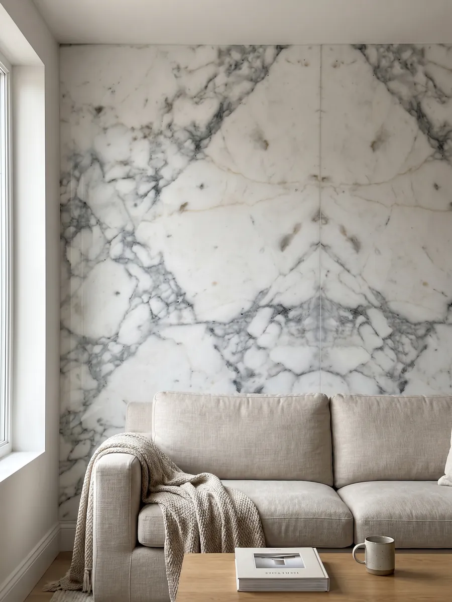 Pared de sala revestida con placas de Mármol Blanco Statuarietto abiertas en libro detrás de un sofá: blanco con red de vetas grises en fragmentos, concentrada en la parte inferior