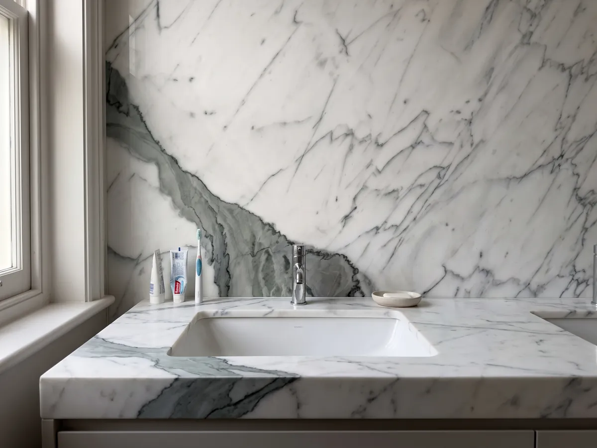 Cubierta de lavabo y pared de baño en mármol blanco Statuario con lavamanos blanco y grifería cromada: una veta ancha gris verdosa cruza en diagonal un blanco con vetas finas