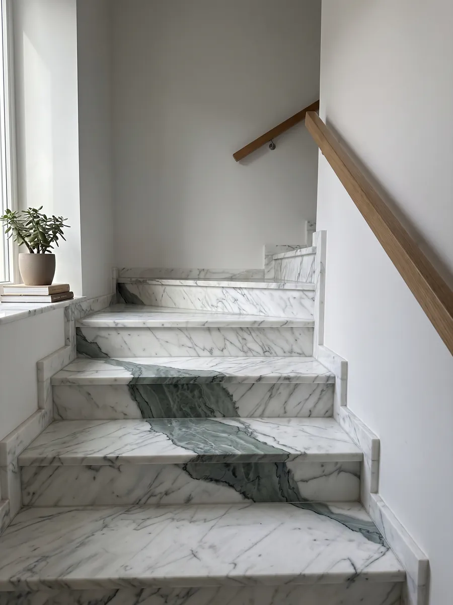 Escalera interior con peldaños de mármol blanco Statuario con pasamanos: una veta ancha gris verdosa cruza en diagonal un blanco con vetas finas