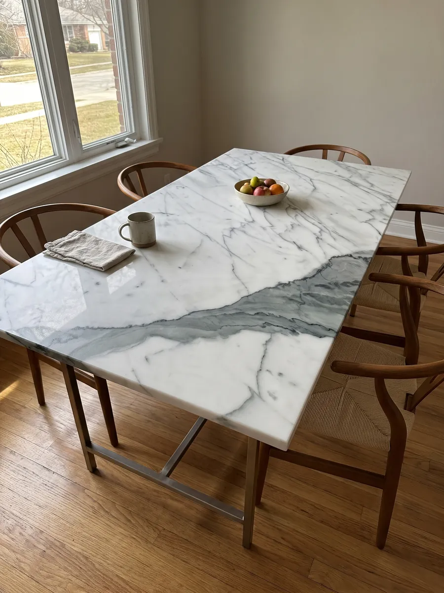 Mesa de comedor con cubierta de mármol blanco Statuario sobre base de acero: una veta ancha gris verdosa cruza en diagonal un blanco con vetas finas