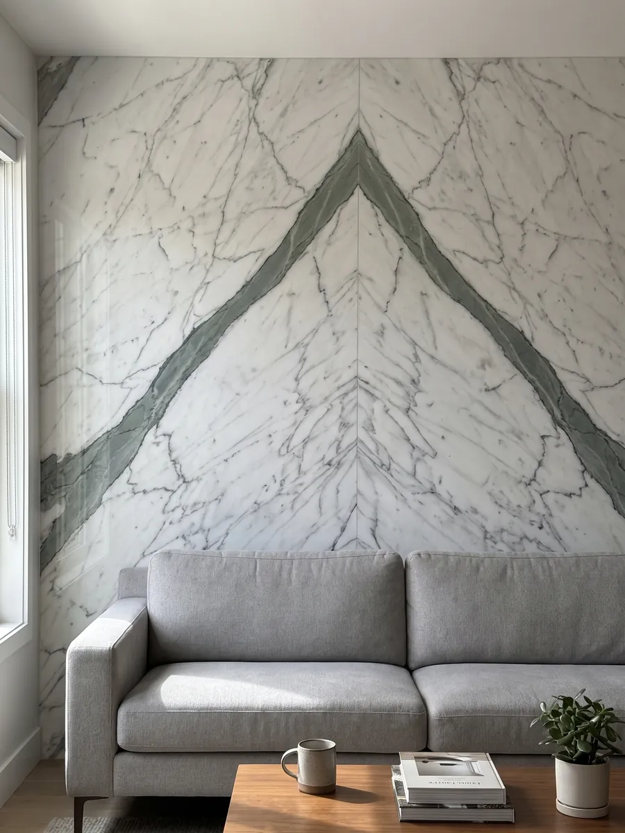 Pared de sala revestida con placas de mármol blanco Statuario abiertas en libro detrás de un sofá: una veta ancha gris verdosa cruza en diagonal un blanco con vetas finas