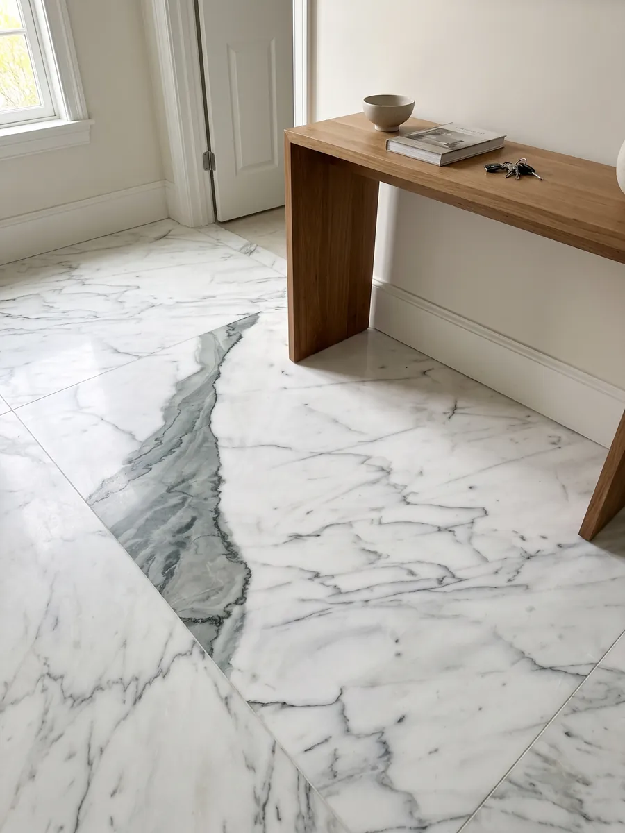 Piso de recibidor en placas grandes de mármol blanco Statuario con luz natural: una veta ancha gris verdosa cruza en diagonal un blanco con vetas finas