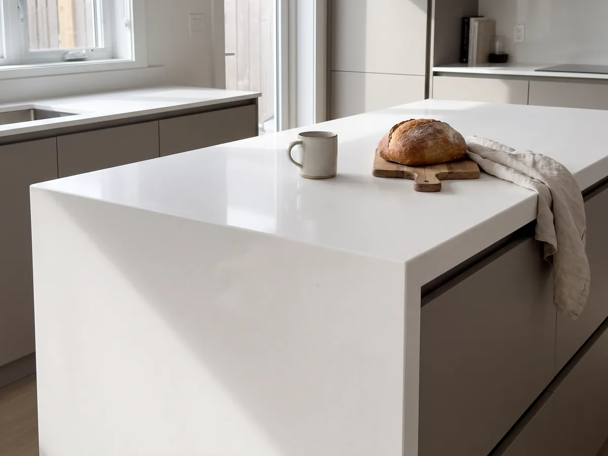 Isla de cocina con cubierta de mármol blanco Thassos y canto recto en una cocina con luz natural: blanco puro uniforme sin dibujo apreciable