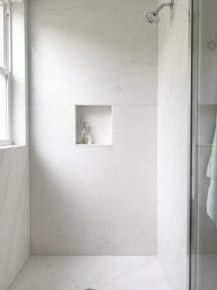 Ducha revestida con placas enteras de mármol blanco Thassos con nicho empotrado: blanco puro uniforme sin dibujo apreciable