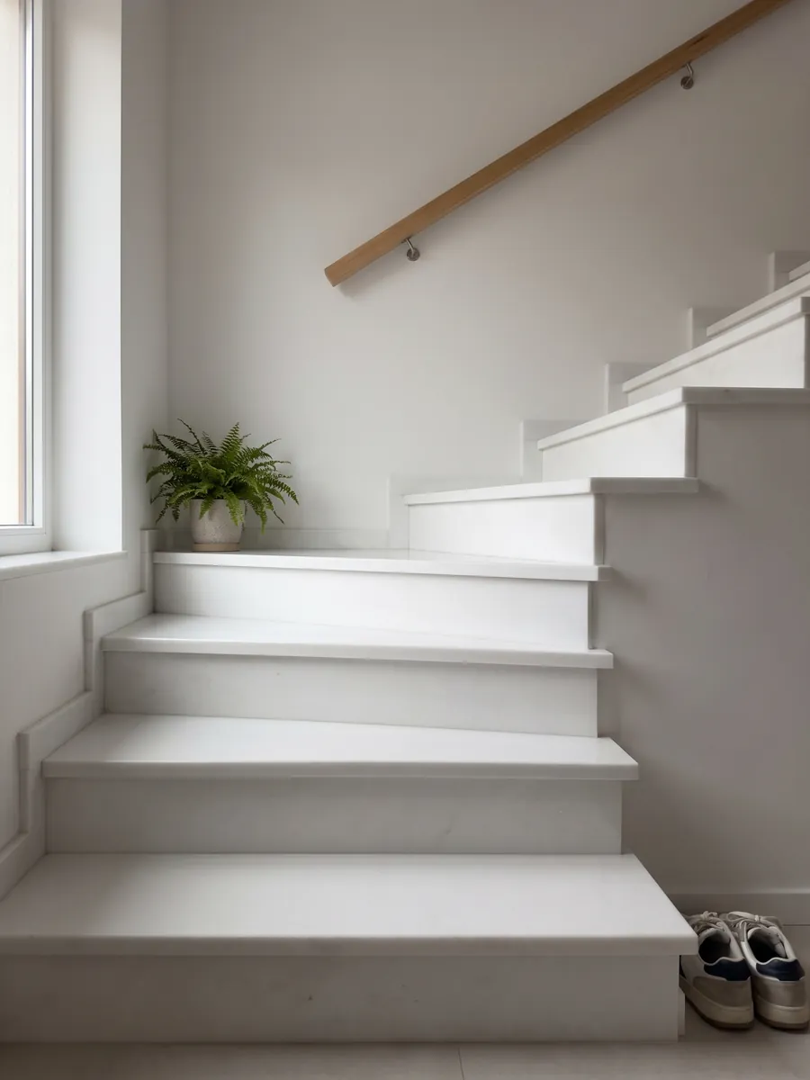 Escalera interior con peldaños de mármol blanco Thassos con pasamanos: blanco puro uniforme sin dibujo apreciable