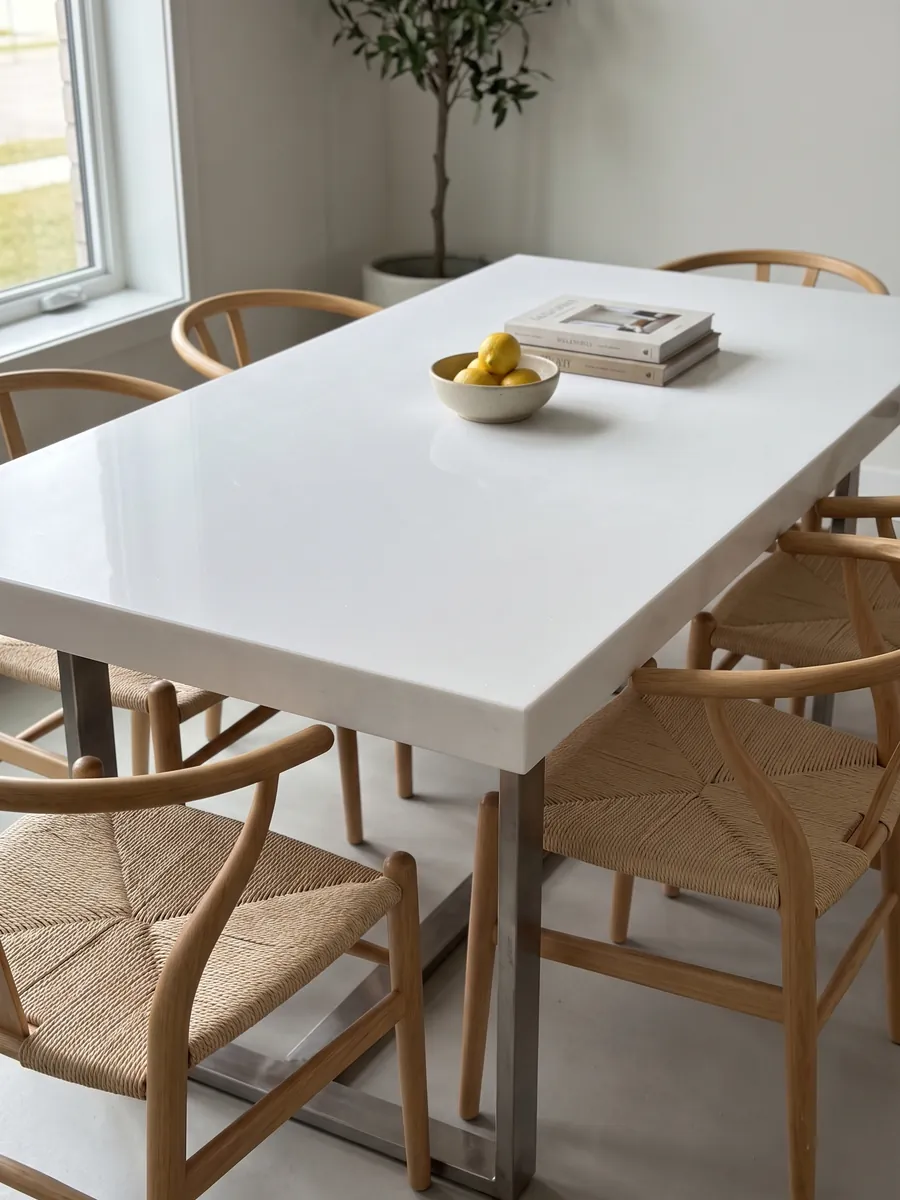 Mesa de comedor con cubierta de mármol blanco Thassos sobre base de acero: blanco puro uniforme sin dibujo apreciable